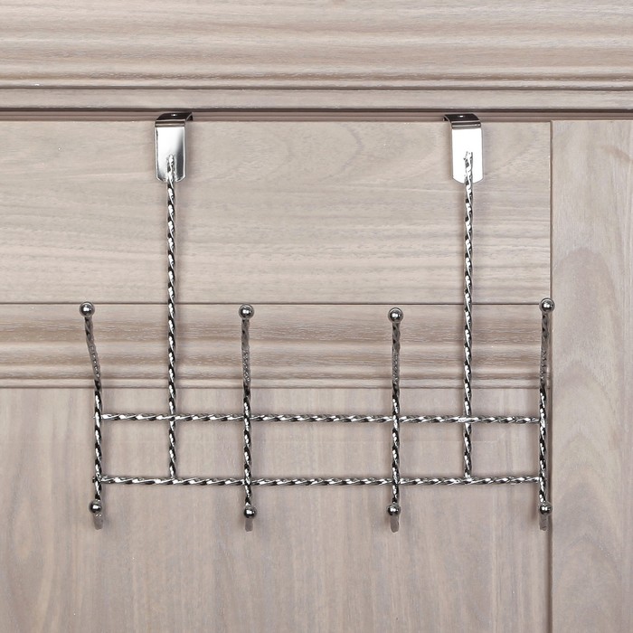 Вешалка надверная, 4 двойных крючка 28х13х24 см, цвет серебро (ширина двери 4,8 см)