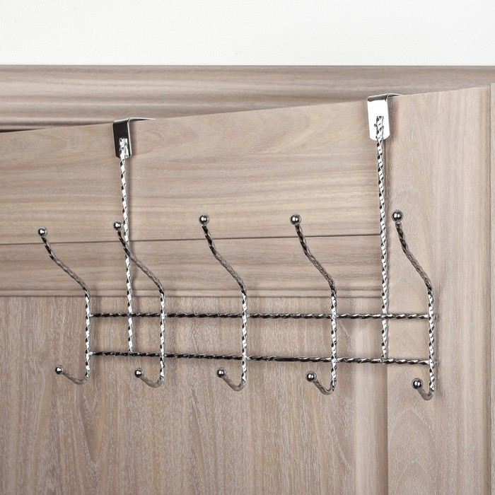 Вешалка надверная, 5 двойных крючков 38х12х24 см, цвет серебро (ширина двери 4,8 см)