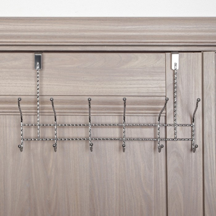 Вешалка надверная, 6 двойных крючков 48х13х24 см, цвет серебро (ширина двери 4,8 см)