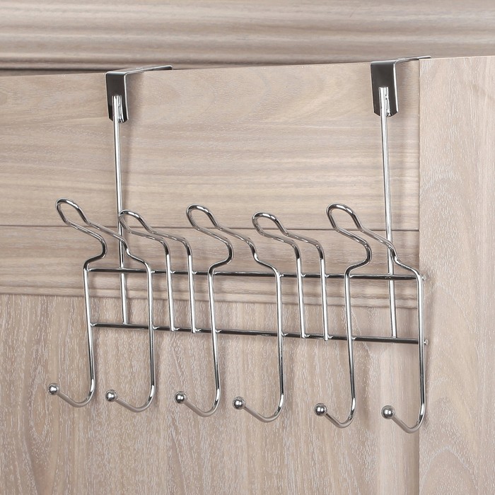 Вешалка надверная, 6 двойных крючков 31х11х25 см, цвет серебро (ширина двери 4,8 см)