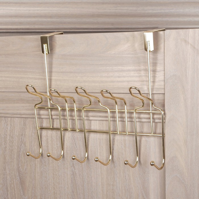 Вешалка надверная, 6 двойных крючков 31х11х25 см, цвет золото (ширина двери 4,8 см)
