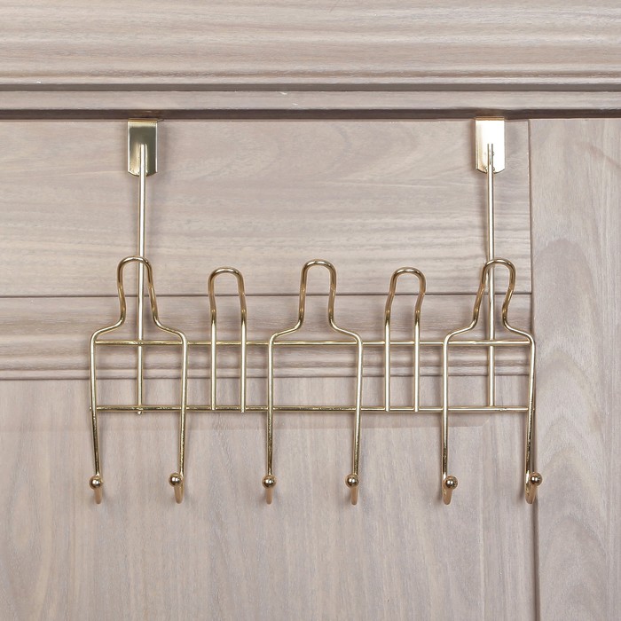 Вешалка надверная, 6 двойных крючков 31х11х25 см, цвет золото (ширина двери 4,8 см)