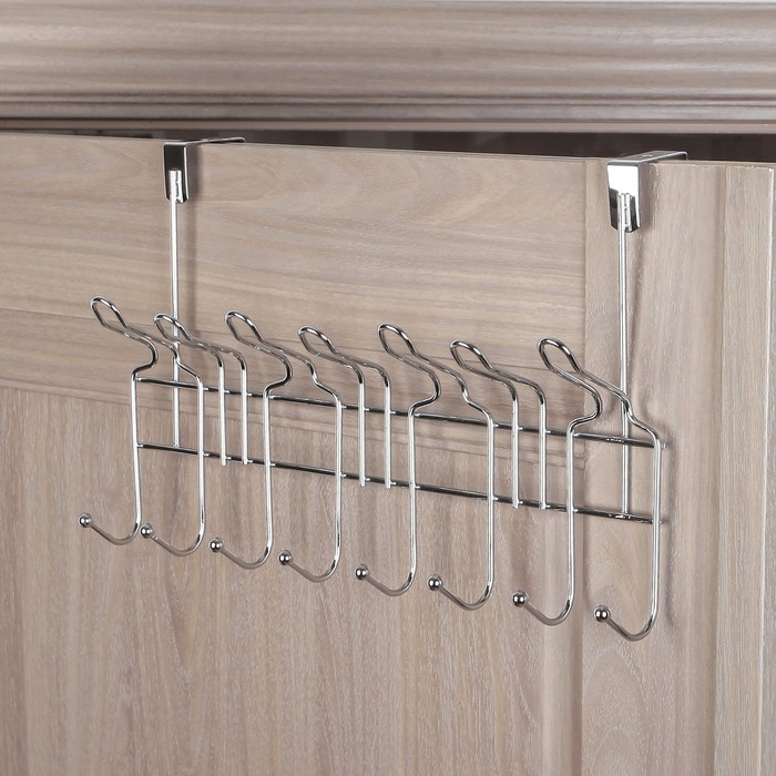 Вешалка надверная, 8 двойных крючков 42х12х24 см, цвет серебро (ширина двери 4,8 см)
