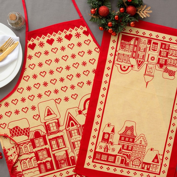 Кухонный набор "Новогодние Домики" фартук 70 х 64 см, полотенце 64 х 40 см,100% хл 160 г/м2, рогожка