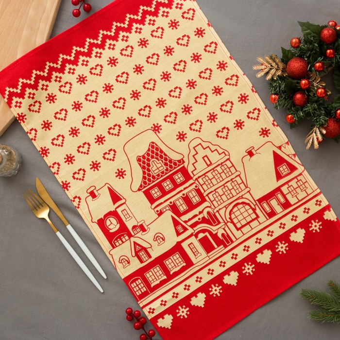 Полотенце "Новогодние Домики" любовь 64 х 40 см,100% хл 160 г/м2, рогожка