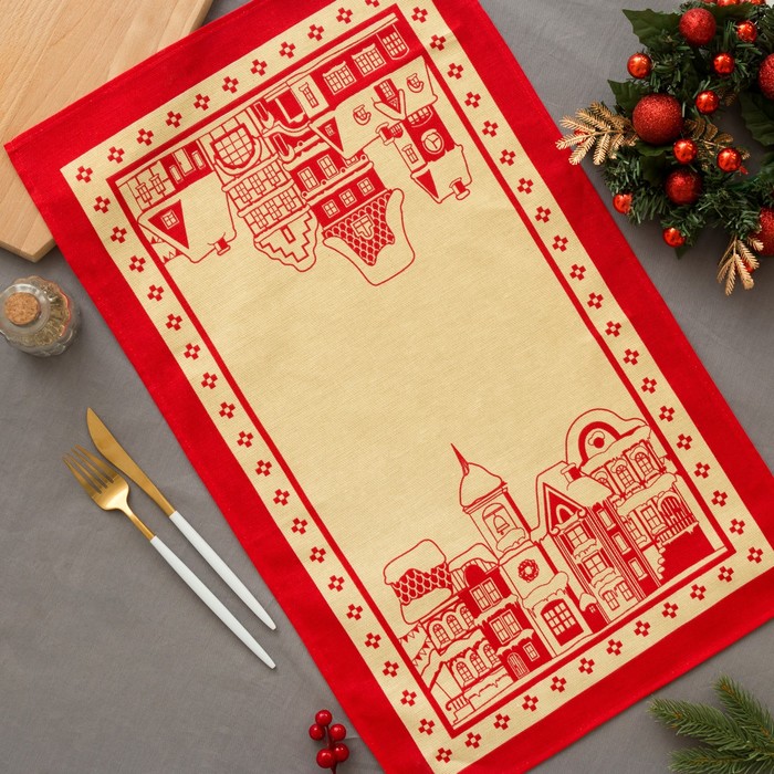 Полотенце "Новогодние Домики" 64 х 40 см,100% хл 160 г/м2, рогожка