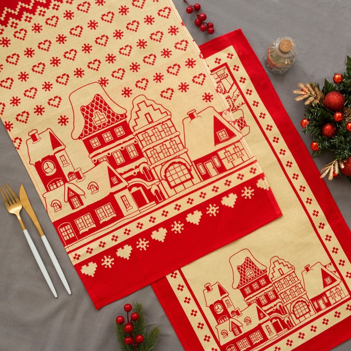 Набор полотенец "Новогодние Домики" 64 х 40 см - 2шт, 100% хл 160 г/м2, рогожка
