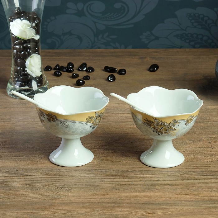 Набор креманок с ложками, креманки 2 шт 10×8.5, 0,2 л, ложки 2 шт 12×2 см, каменная керамика   38890