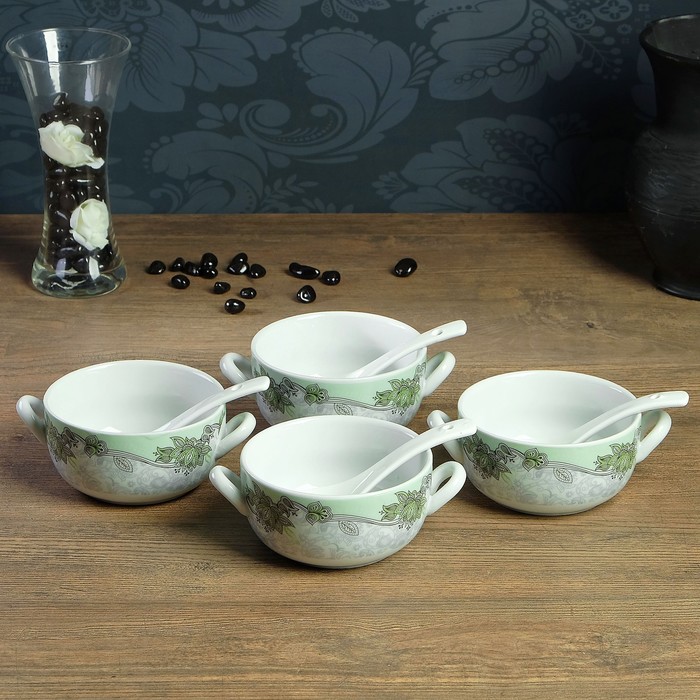 Набор из 8 предметов: 4 бульонницы 15×11×5 см, 0,35 л, 4 ложки 13×4 см, каменная керамика