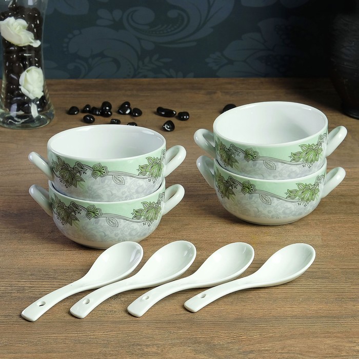Набор из 8 предметов: 4 бульонницы 15×11×5 см, 0,35 л, 4 ложки 13×4 см, каменная керамика
