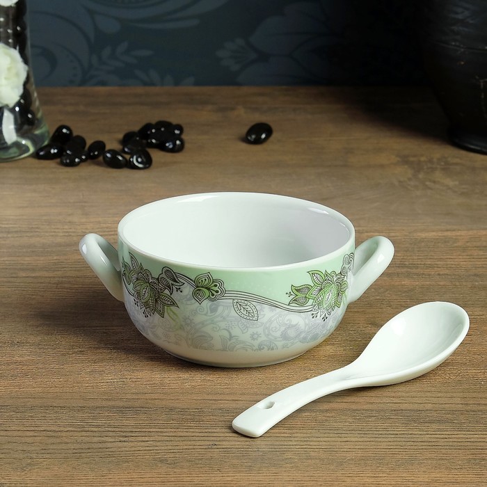 Набор из 8 предметов: 4 бульонницы 15×11×5 см, 0,35 л, 4 ложки 13×4 см, каменная керамика