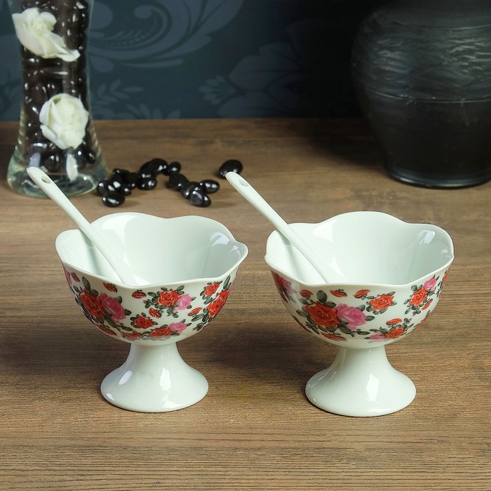 Набор креманок с ложками, креманки 2 шт 10×8.5, 0,2 л, ложки 2 шт 15×2 см, каменная керамика   38890