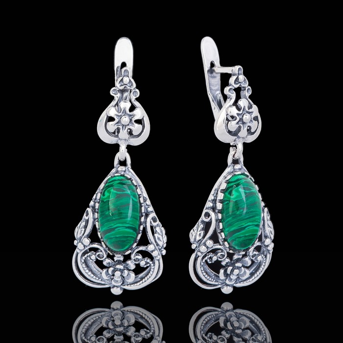 Серьги "Ярославна", цвет бело-зелёный в чернёном серебре