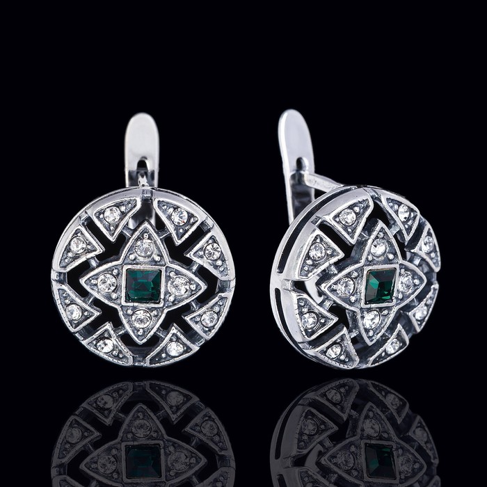 Серьги "Верта", цвет зелёный в чернёном серебре