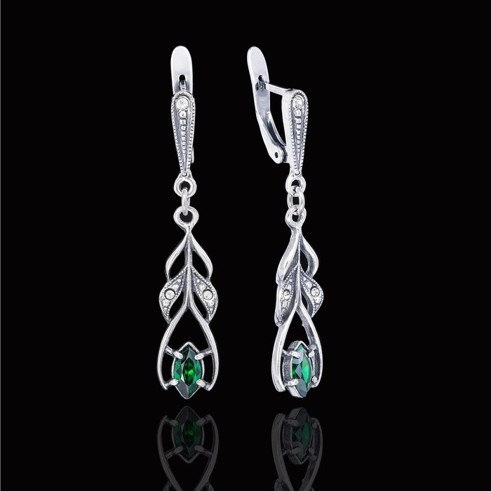 Серьги "Альсена", цвет зелёный в чернёном серебре