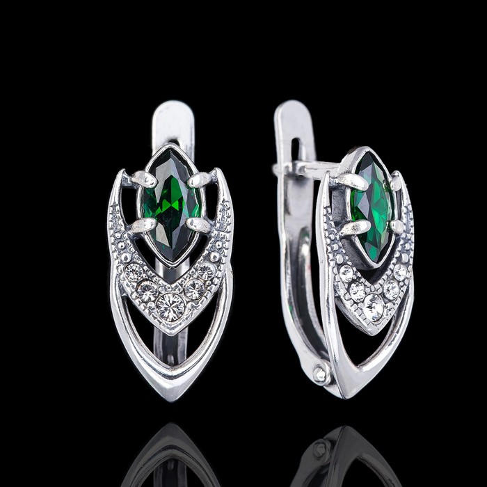 Серьги "Крибус", цвет зелёный в чернёном серебре