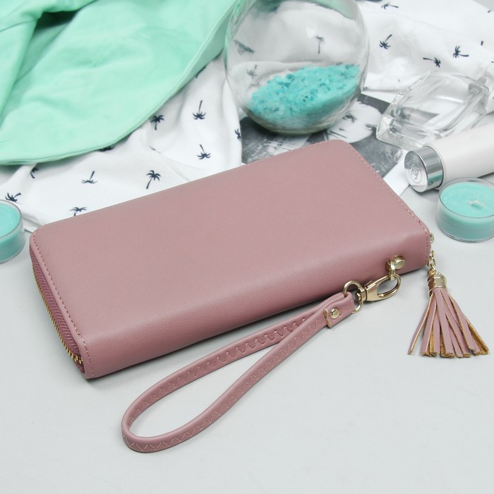 Кошелёк женский, 3 отдела, для карт, для монет, ручка, цвет пудровый