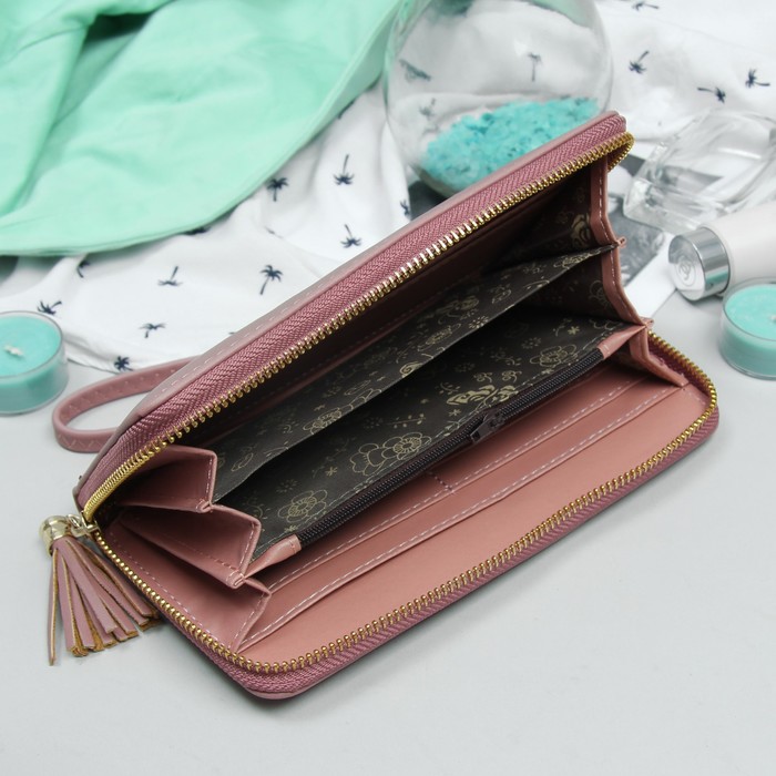 Кошелёк женский, 3 отдела, для карт, для монет, ручка, цвет пудровый