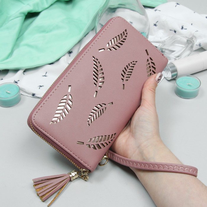 Кошелёк женский, 3 отдела, для карт, для монет, ручка, цвет пудровый