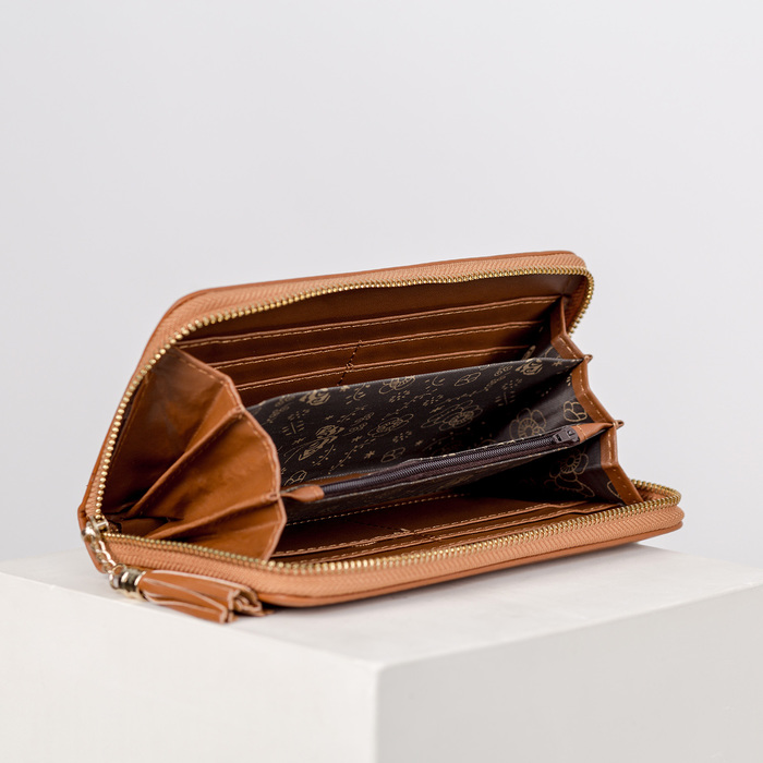 Кошелёк женский, 3 отдела, для карт, для монет, ручка, цвет коричневый