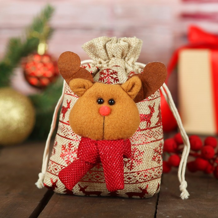 Мешок для подарков "Новый год" на завязках, с орнаментом, виды МИКС, вместимость 200 г