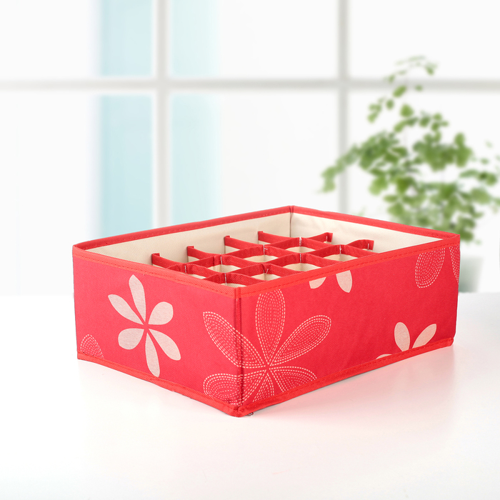 Органайзер для белья, 24 ячейки "Листочки" 33х22х12 см, красный
