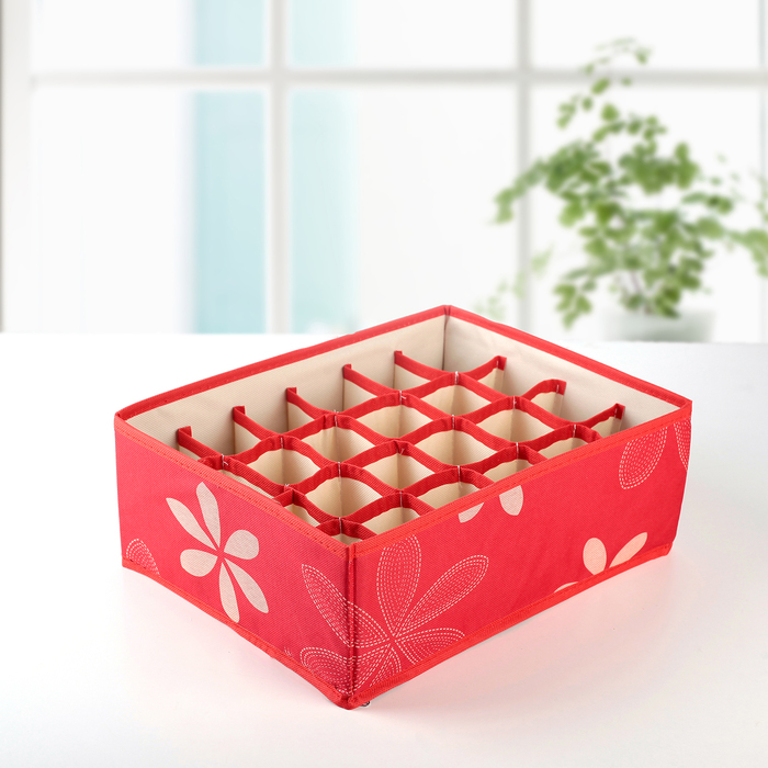 Органайзер для белья, 24 ячейки "Листочки" 33х22х12 см, красный