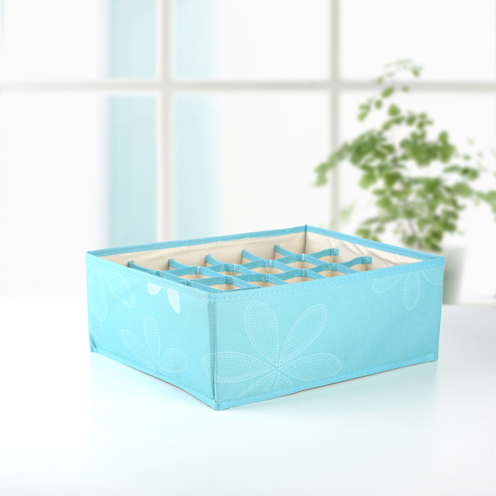 Органайзер для белья, 24 ячейки "Листочки" 33х22х12 см, голубой