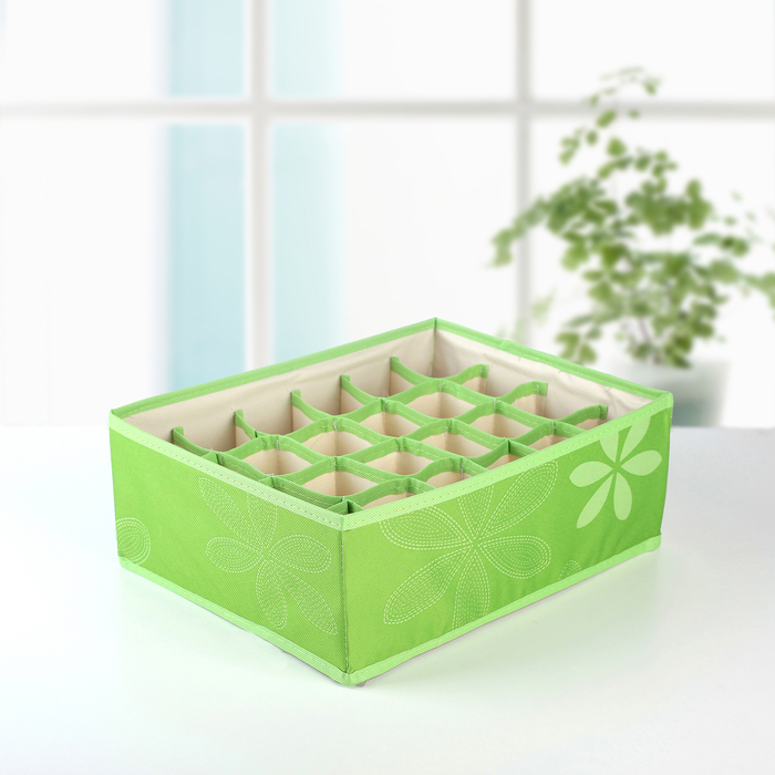 Органайзер для белья, 24 ячейки "Листочки" 33х22х12 см, зелёный