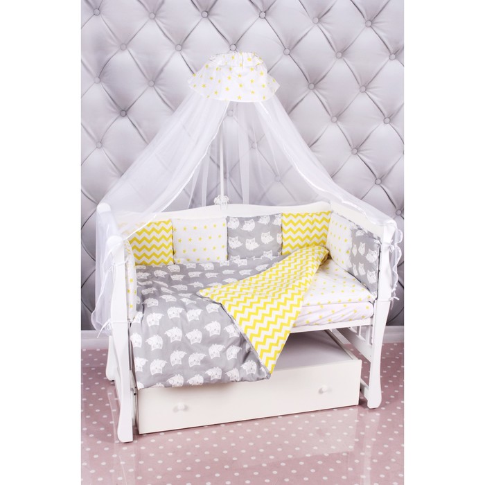 Комплект в кроватку Premium «Совята», 18 предметов, бязь, жёлтый/серый