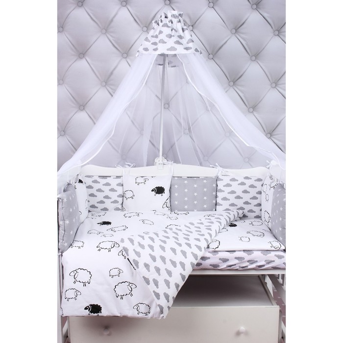 Комплект в кроватку Premium Good night, 19 предметов, поплин/бязь, белый/серый