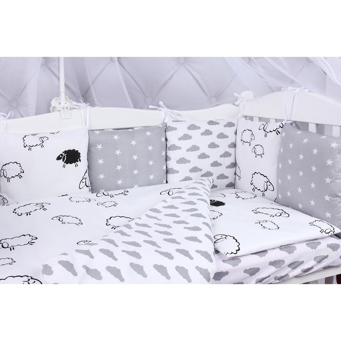Комплект в кроватку Premium Good night, 19 предметов, поплин/бязь, белый/серый