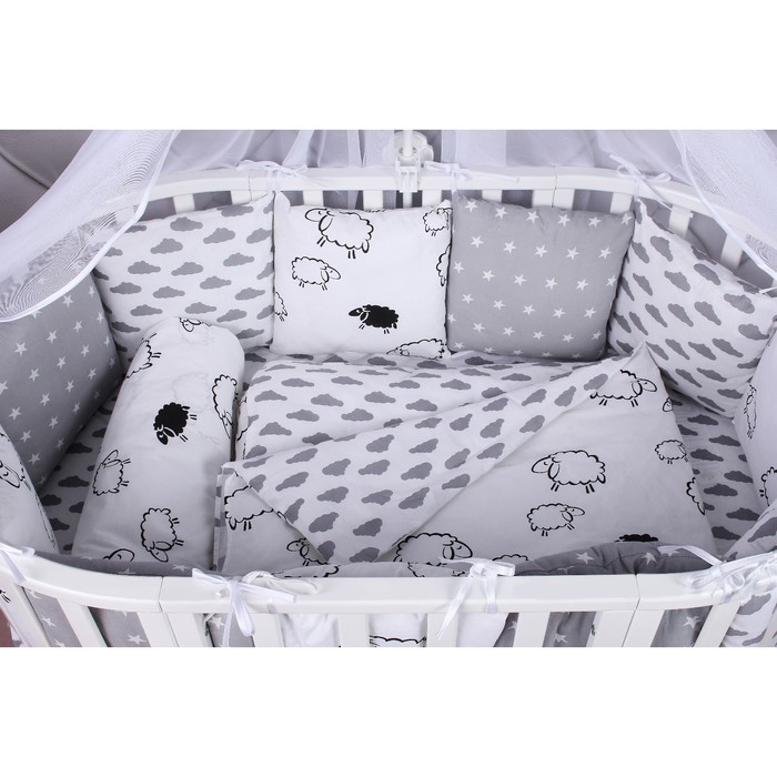 Комплект в кроватку Premium Good night, 19 предметов, поплин/бязь, белый/серый