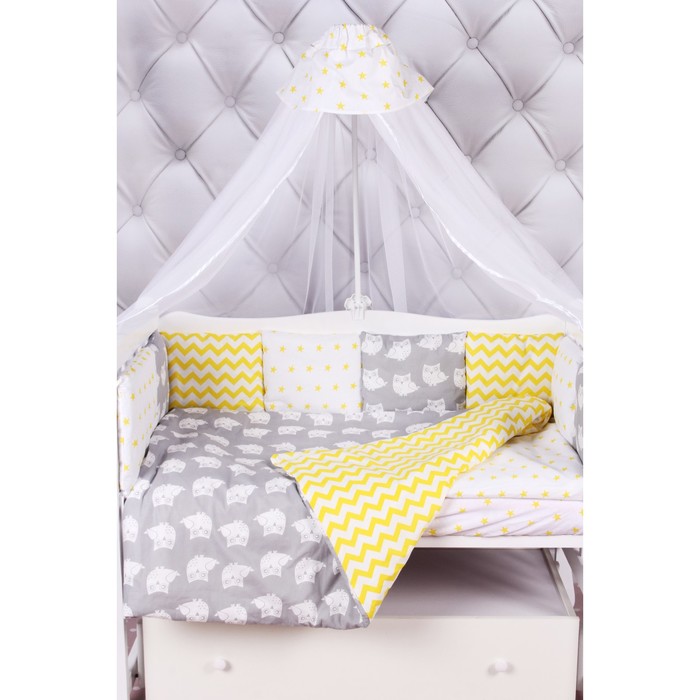 Комплект в кроватку «Совята», 18 предметов, бязь, жёлтый/серый
