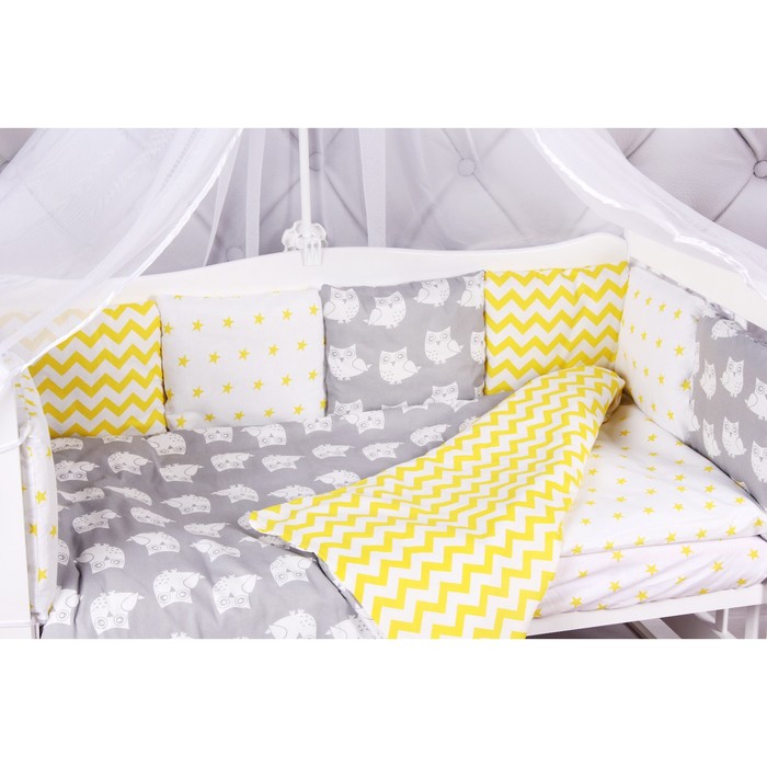 Комплект в кроватку «Совята», 18 предметов, бязь, жёлтый/серый