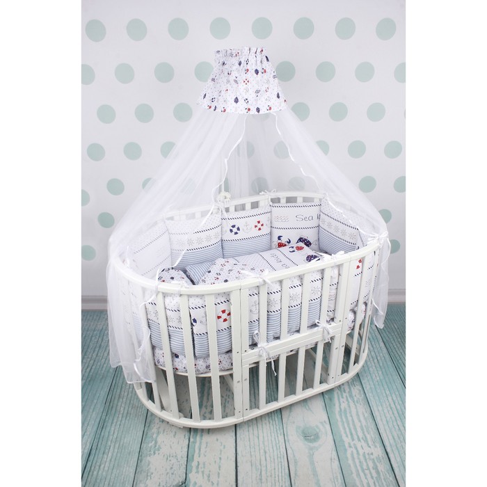 Комплект в кроватку «Круиз», 18 предметов, сатин, белый/голубой