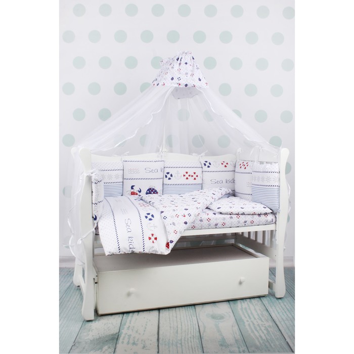 Комплект в кроватку «Круиз», 18 предметов, сатин, белый/голубой
