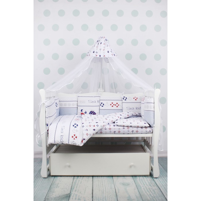 Комплект в кроватку «Круиз», 18 предметов, сатин, белый/голубой