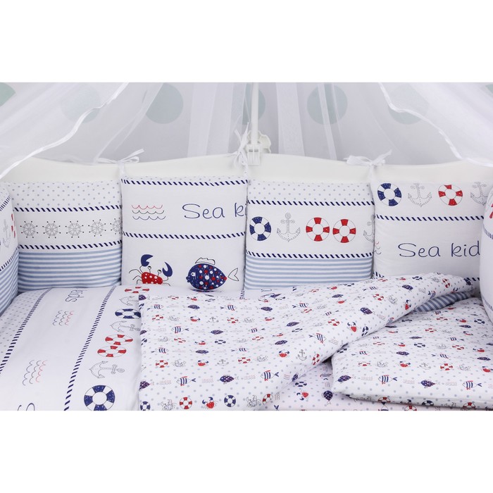 Комплект в кроватку «Круиз», 18 предметов, сатин, белый/голубой