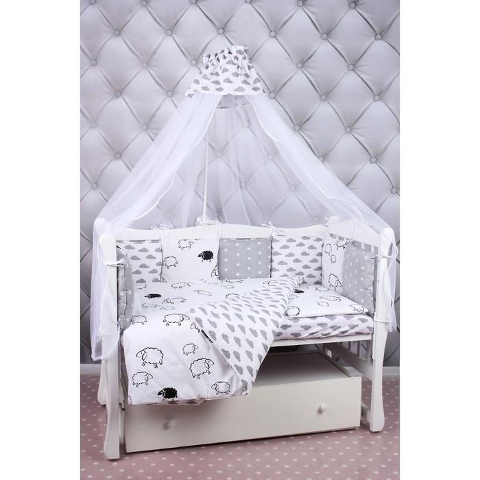 Комплект в кроватку Good night, 19 предметов, поплин/бязь, белый/серый