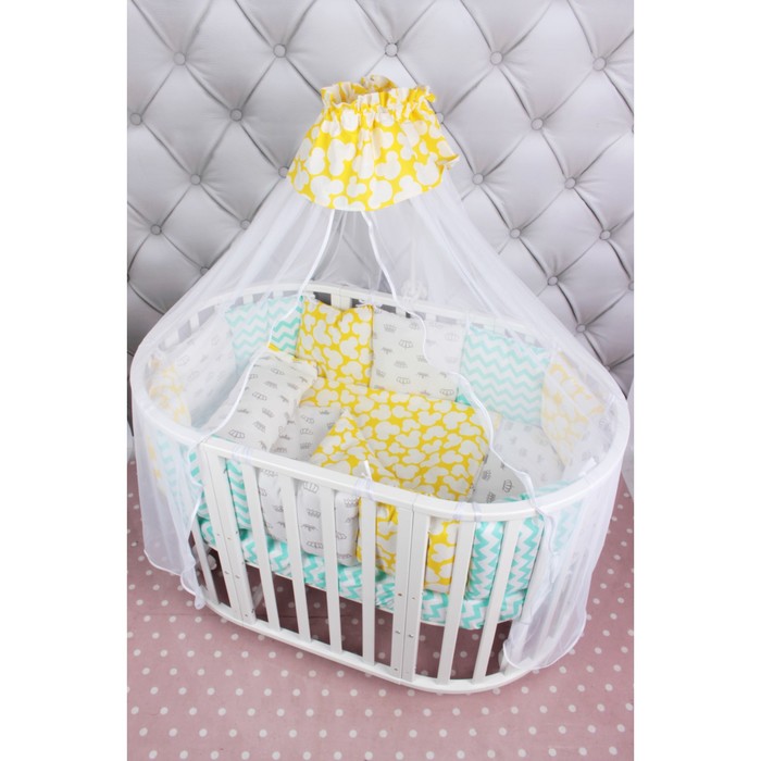 Комплект в кроватку Happy Baby, 19 предметов, бязь, мятный/жёлтый