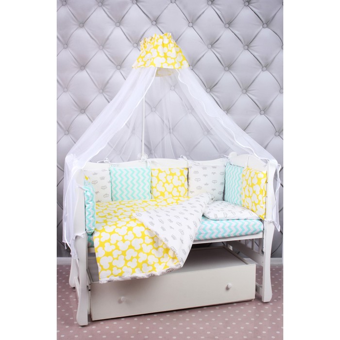 Комплект в кроватку Happy Baby, 19 предметов, бязь, мятный/жёлтый