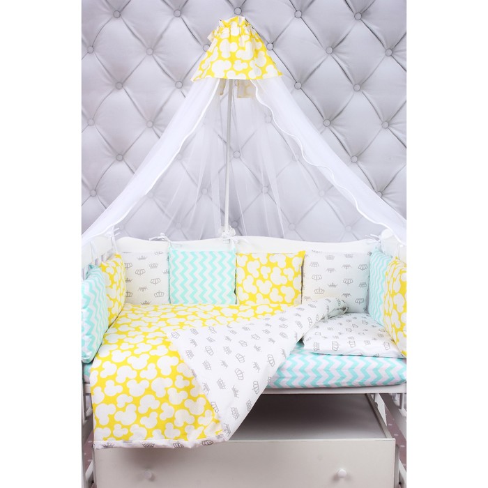 Комплект в кроватку Happy Baby, 19 предметов, бязь, мятный/жёлтый