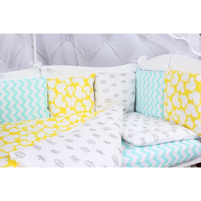 Комплект в кроватку Happy Baby, 19 предметов, бязь, мятный/жёлтый