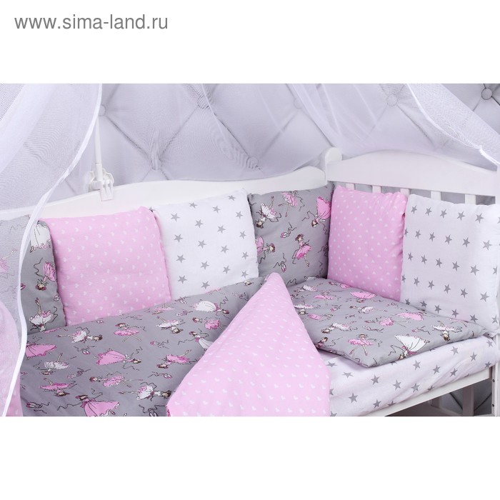 Борт в кроватку «Мечта», 12 предметов серый/розовый, поплин/бязь