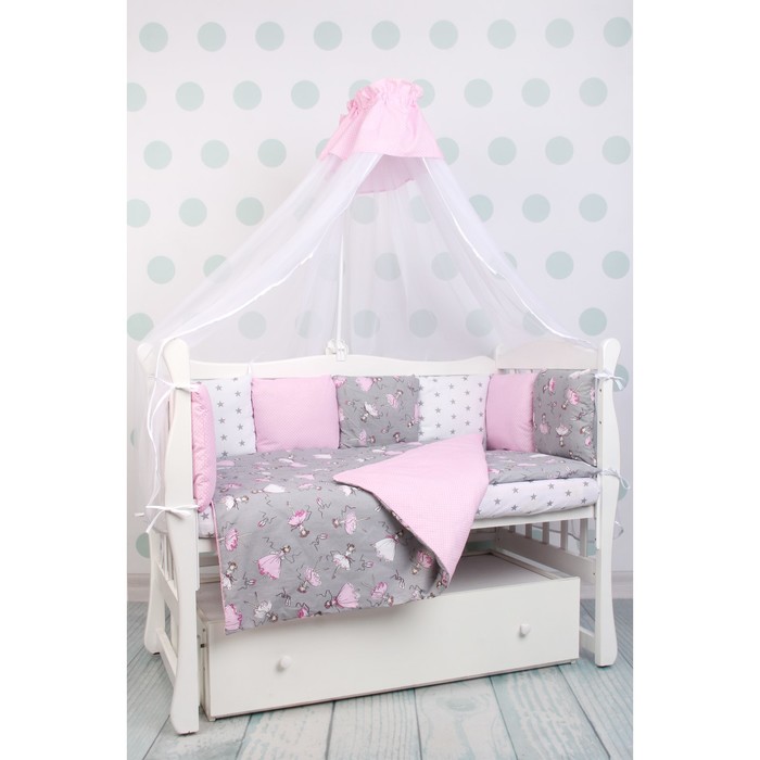 Комплект в кроватку Premium мечта, 19 предметов, поплин/бязь, серый/розовый