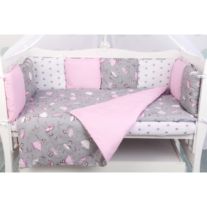 Комплект в кроватку Premium мечта, 19 предметов, поплин/бязь, серый/розовый