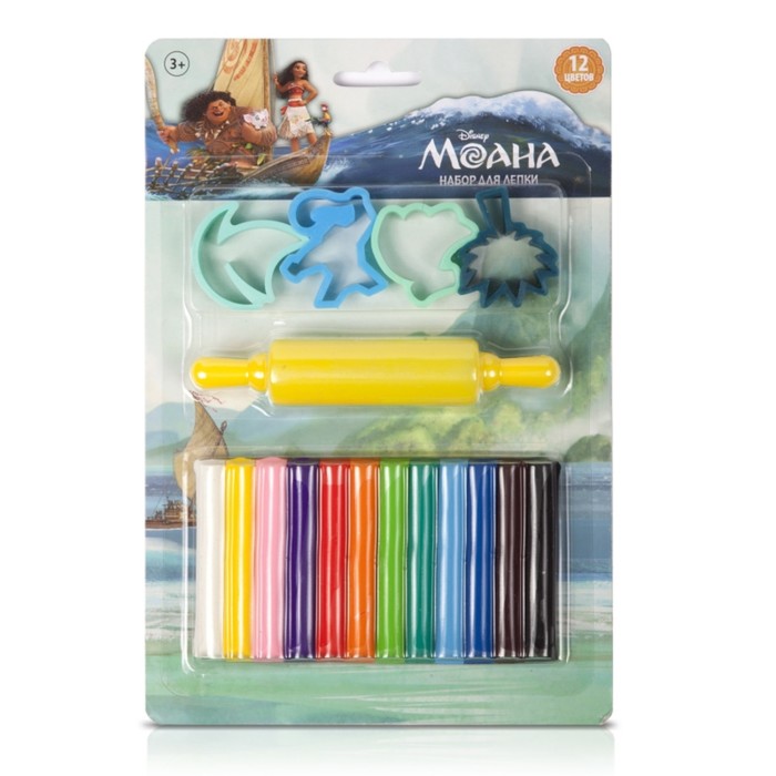 Набор для лепки Disney «Моана», 12 цветов, аппликация, 135 гр, четыре формочки, скалка