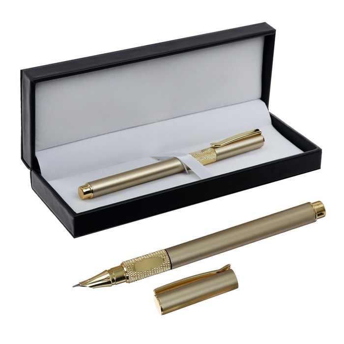 Ручка подарочная, перьевая, в кожзам футляре, корпус золотистый цена и фото