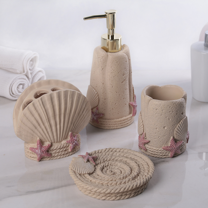 Набор для ванной "Море" 4 предмета: мыльница, дозатор для мыла, 2 стакана